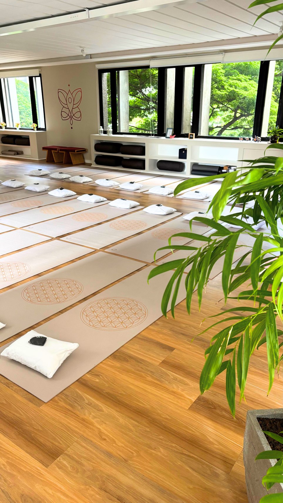 Sala preparada para práticas corporais